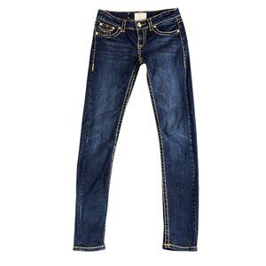 LA IDOL USA Women's Juniors Dark Wash Skinny Jeans Size 5 Bling Flap Bejeweled